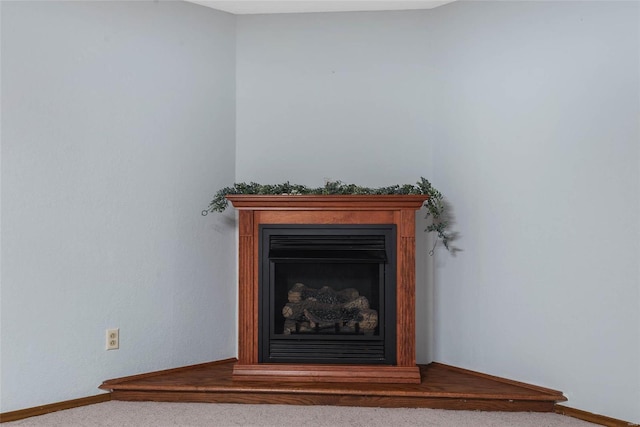 details featuring carpet, a fireplace, and baseboards