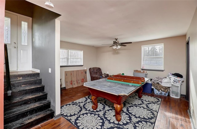 game room featuring ceiling fan and wood finished floors