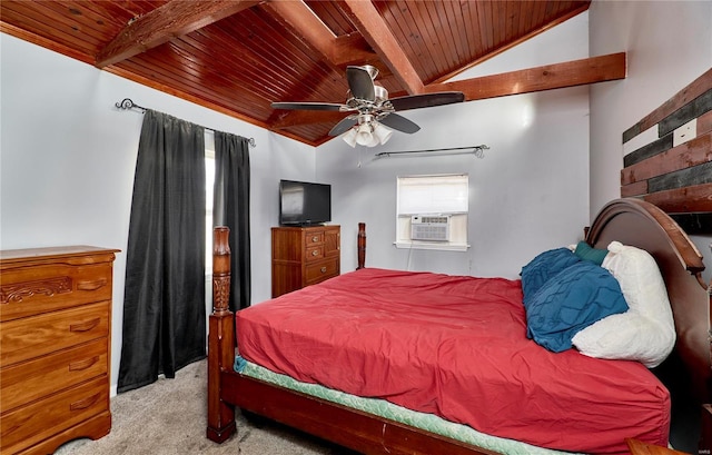 carpeted bedroom with lofted ceiling with beams, cooling unit, wood ceiling, and a ceiling fan