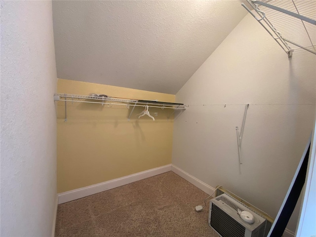 spacious closet featuring vaulted ceiling and carpet floors