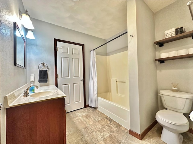 full bathroom with vanity, toilet, baseboards, and shower / tub combo with curtain