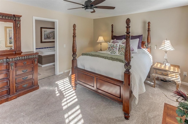 bedroom with light colored carpet, a ceiling fan, and baseboards