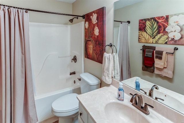 bathroom with toilet, vanity, and shower / bathtub combination with curtain