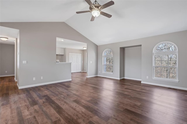 unfurnished living room featuring dark wood finished floors, a healthy amount of sunlight, and baseboards