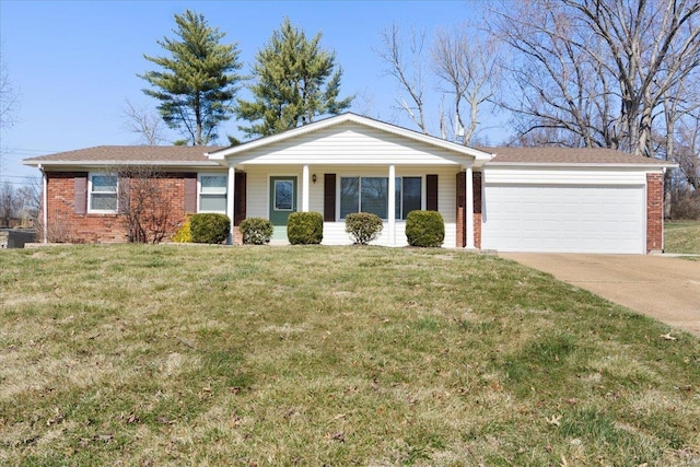 ranch-style home featuring brick siding, concrete driveway, a garage, and a front yard