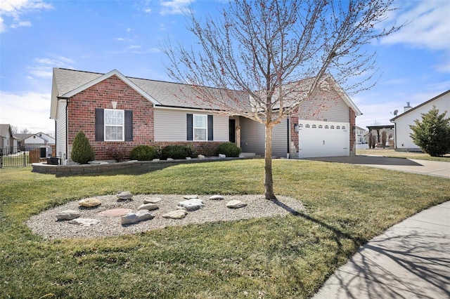 ranch-style house with a front yard, fence, concrete driveway, a garage, and brick siding