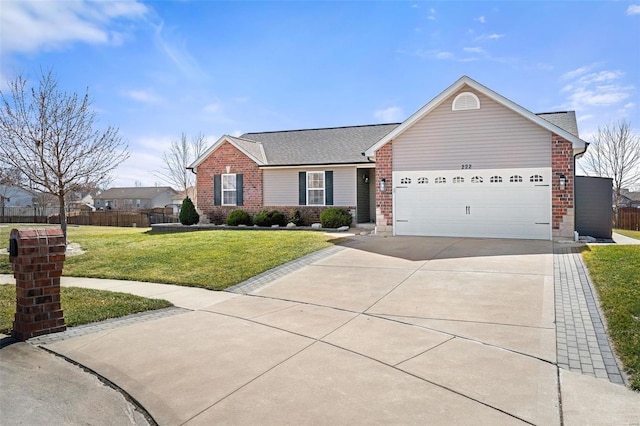 single story home with brick siding, a garage, a front yard, and driveway