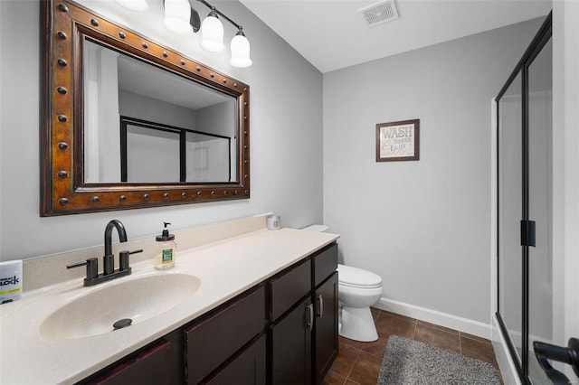 full bathroom featuring tile patterned flooring, visible vents, a shower stall, toilet, and vanity