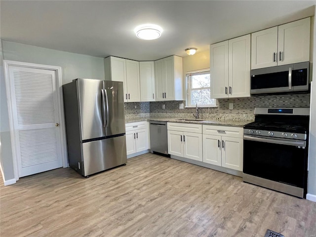 kitchen featuring decorative backsplash, white cabinets, light wood-style flooring, and stainless steel appliances