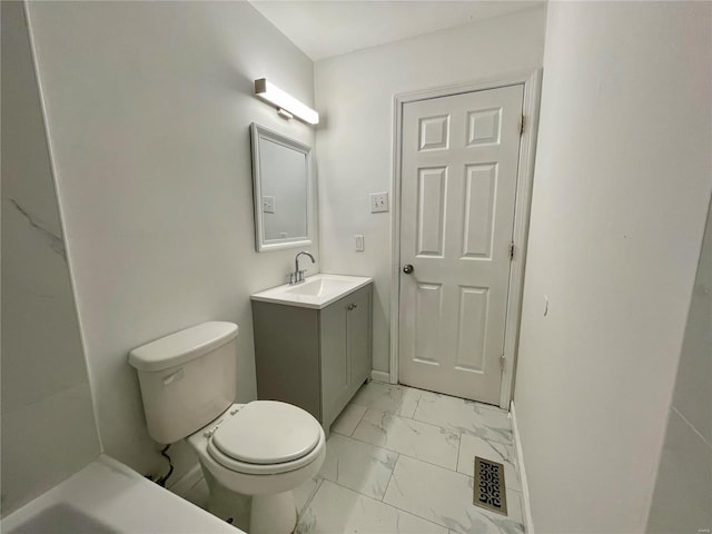 bathroom featuring visible vents, toilet, marble finish floor, baseboards, and vanity