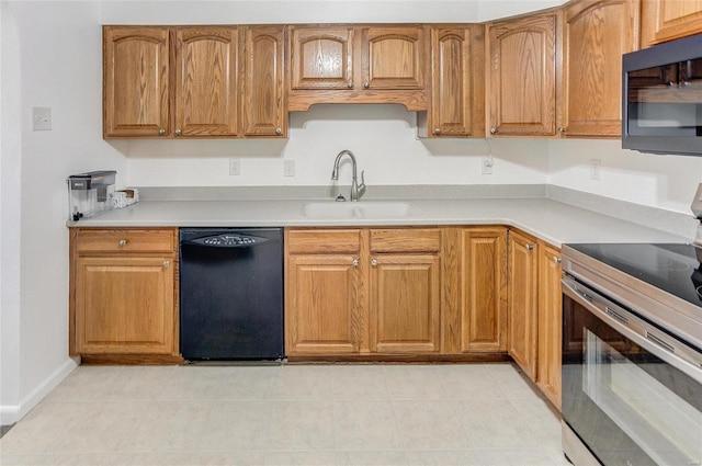 kitchen featuring electric stove, a sink, brown cabinetry, light countertops, and dishwasher