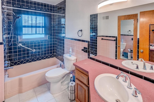 full bath with tile patterned floors, visible vents, toilet, a sink, and  shower combination