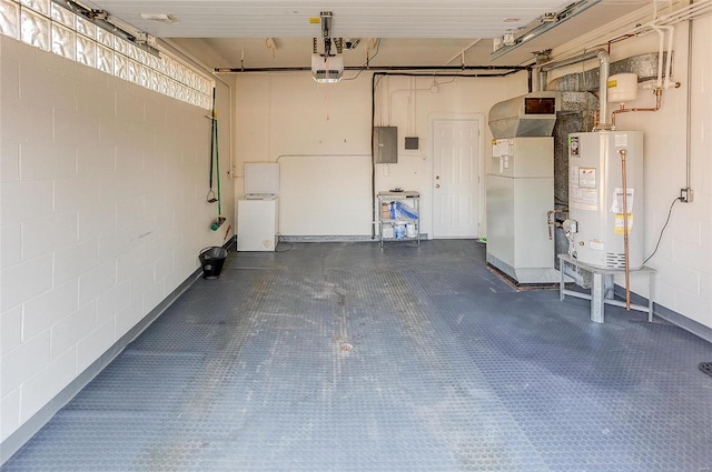 garage featuring heating unit, concrete block wall, electric panel, water heater, and a garage door opener