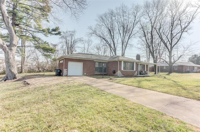 ranch-style house with a front yard, an attached garage, brick siding, and a chimney