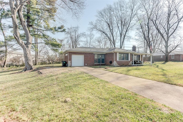 ranch-style house featuring driveway, an attached garage, a chimney, a front lawn, and brick siding