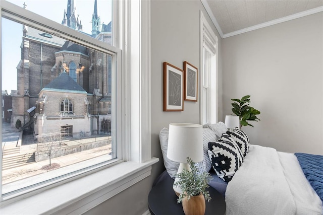 bedroom with crown molding