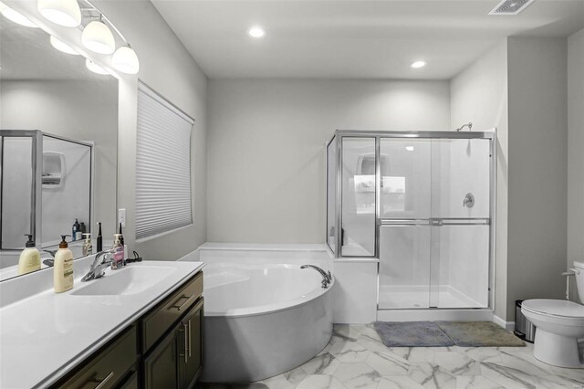 full bath with a bath, marble finish floor, a stall shower, and vanity