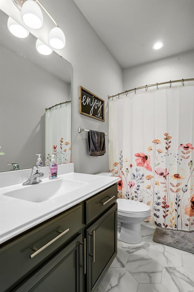 full bathroom with vanity, a shower with curtain, recessed lighting, toilet, and marble finish floor