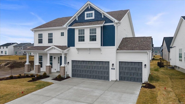 view of front of home featuring covered porch, concrete driveway, a front yard, and a shingled roof