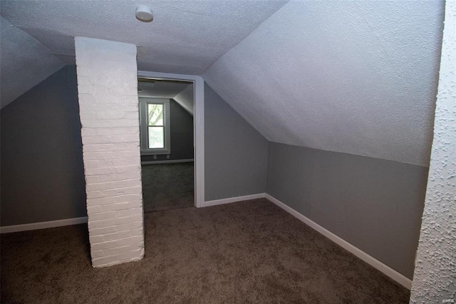 additional living space with lofted ceiling, carpet, baseboards, and a textured ceiling