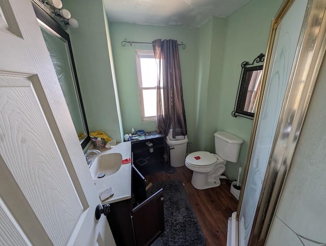 bathroom with vanity, toilet, and wood finished floors