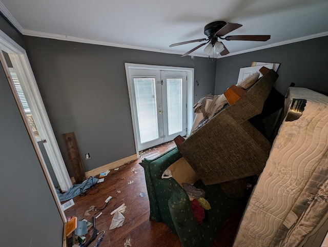 bedroom with wood finished floors, baseboards, ceiling fan, french doors, and crown molding