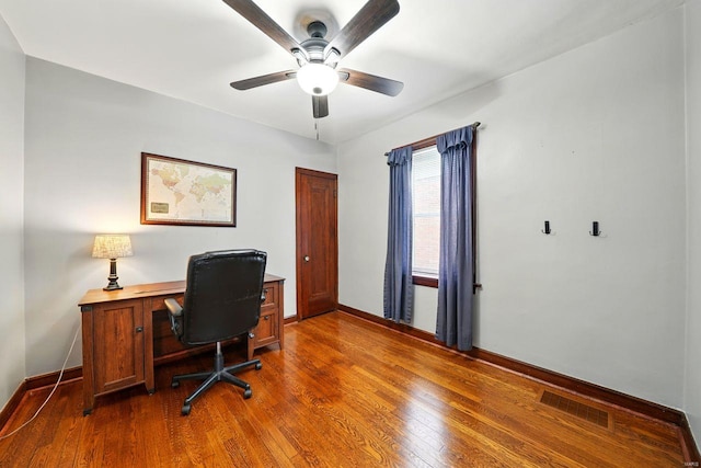 office featuring dark wood-style floors, visible vents, ceiling fan, and baseboards