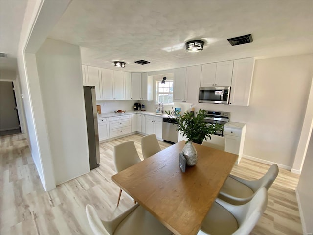 kitchen featuring light wood finished floors, a sink, appliances with stainless steel finishes, white cabinets, and light countertops