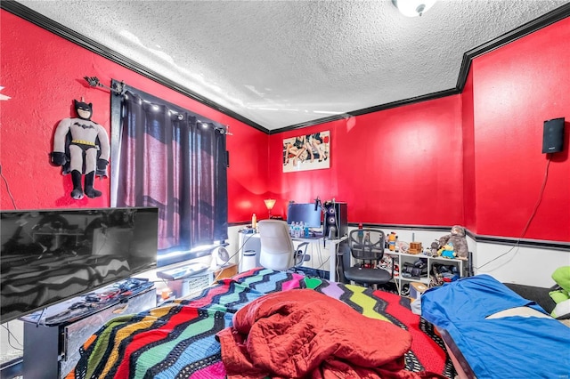 bedroom with a textured ceiling, a textured wall, and ornamental molding