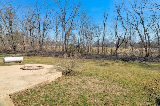 view of yard featuring a patio area and an outdoor fire pit