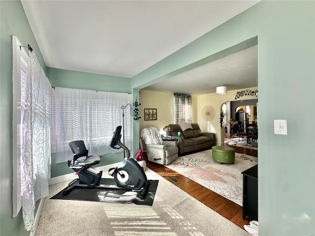 workout room featuring wood finished floors and arched walkways