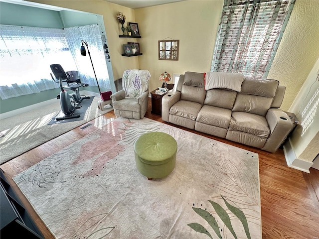 living area featuring baseboards and wood finished floors