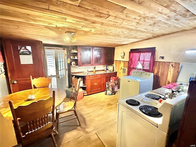 kitchen with white range with electric cooktop, wood walls, wood ceiling, wainscoting, and open shelves