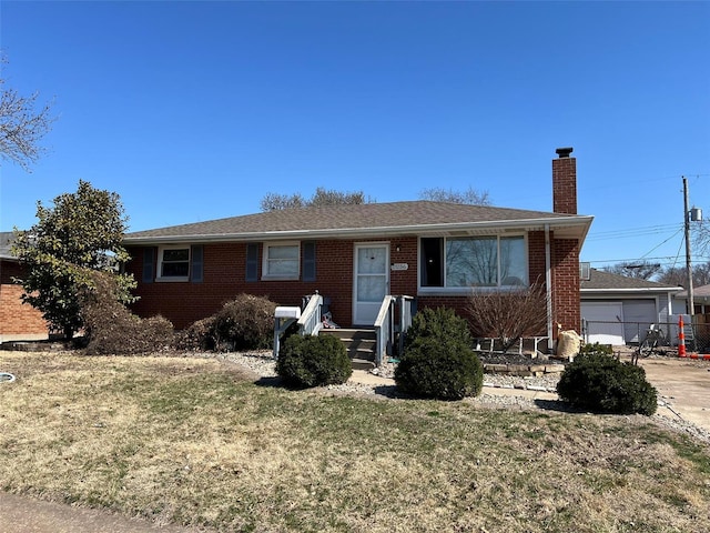 ranch-style home featuring brick siding, fence, roof with shingles, a front yard, and a chimney