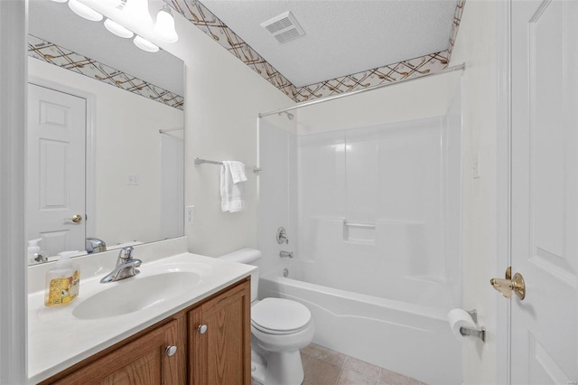 full bathroom featuring vanity, visible vents, tub / shower combination, a textured ceiling, and toilet