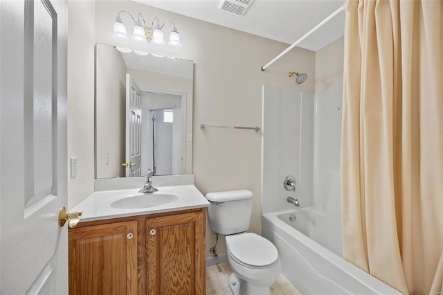 bathroom featuring visible vents, toilet, vanity, a textured ceiling, and shower / bathtub combination with curtain