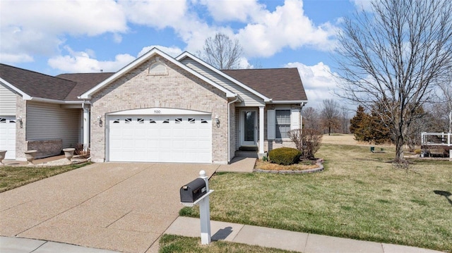 ranch-style house with a garage, brick siding, concrete driveway, and a front yard