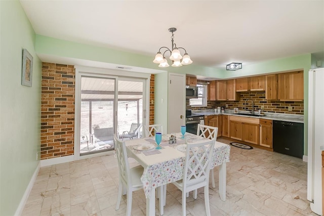 dining area featuring visible vents, baseboards, brick wall, a notable chandelier, and marble finish floor