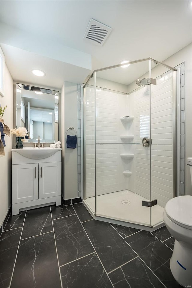 full bathroom with visible vents, marble finish floor, and a stall shower