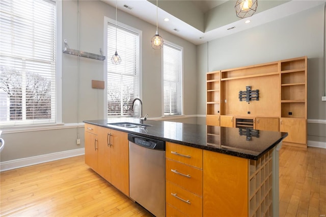 kitchen featuring stainless steel dishwasher, plenty of natural light, light wood finished floors, and a sink