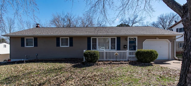 ranch-style home with a shingled roof, a porch, a front yard, driveway, and an attached garage