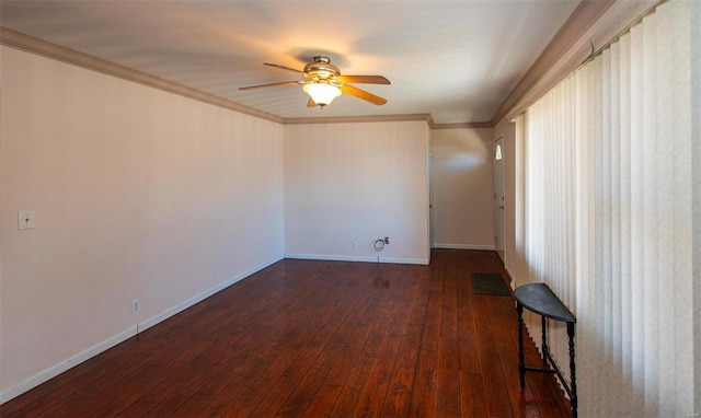 unfurnished room featuring hardwood / wood-style floors, ceiling fan, baseboards, and ornamental molding