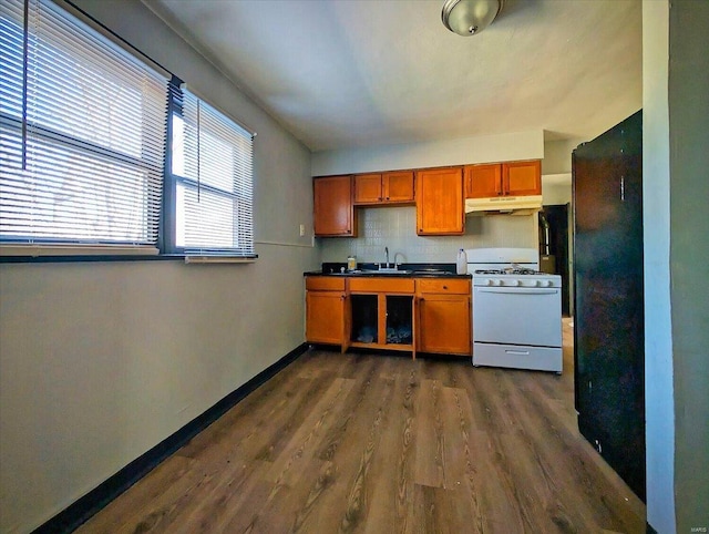 kitchen featuring baseboards, under cabinet range hood, white gas range oven, brown cabinets, and a sink