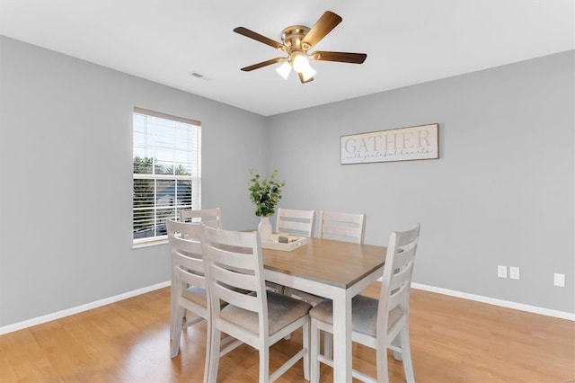 dining room with a ceiling fan, light wood-style floors, visible vents, and baseboards