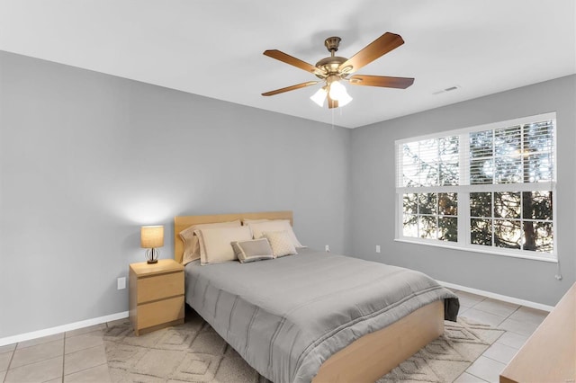 bedroom with light tile patterned floors, visible vents, ceiling fan, and baseboards