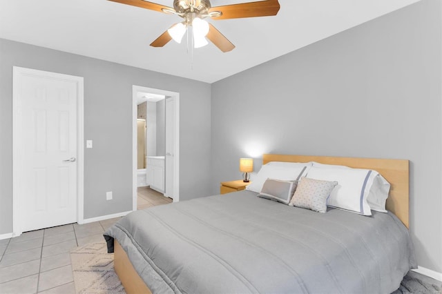 bedroom with tile patterned flooring, a ceiling fan, and baseboards