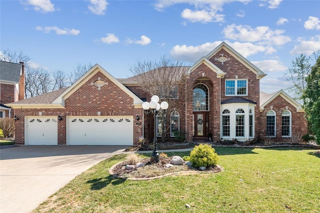 traditional-style home with a front yard, driveway, roof with shingles, a garage, and brick siding