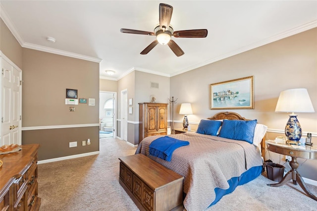 carpeted bedroom with a ceiling fan, baseboards, visible vents, and ornamental molding