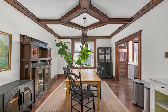 dining space featuring dark wood-style floors, beam ceiling, coffered ceiling, and baseboards