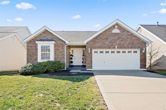 single story home featuring a front lawn, driveway, roof with shingles, an attached garage, and brick siding